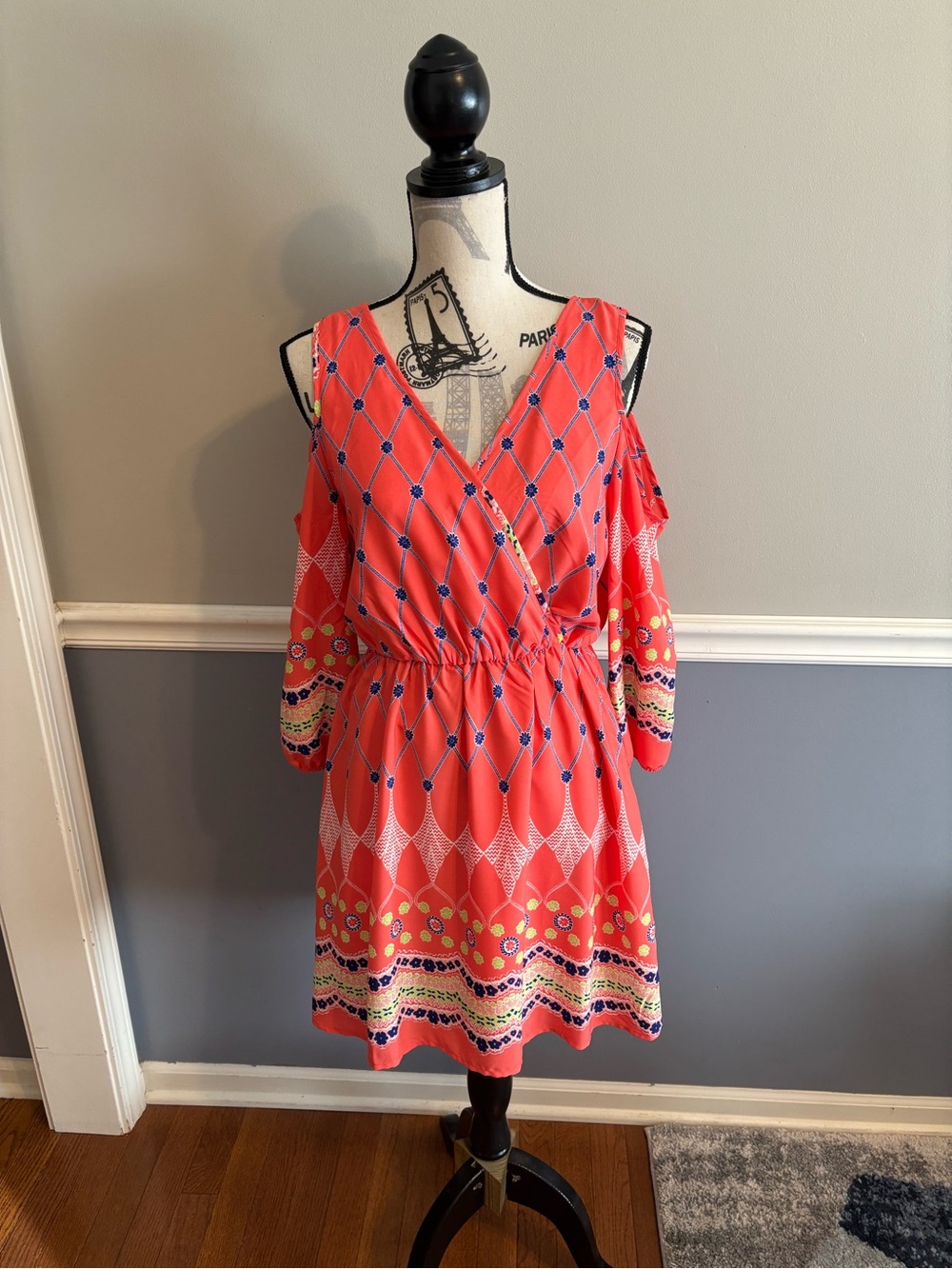 💕SALE💕 Pink Owl Coral Cold-Shoulder Printed Wrap Dress